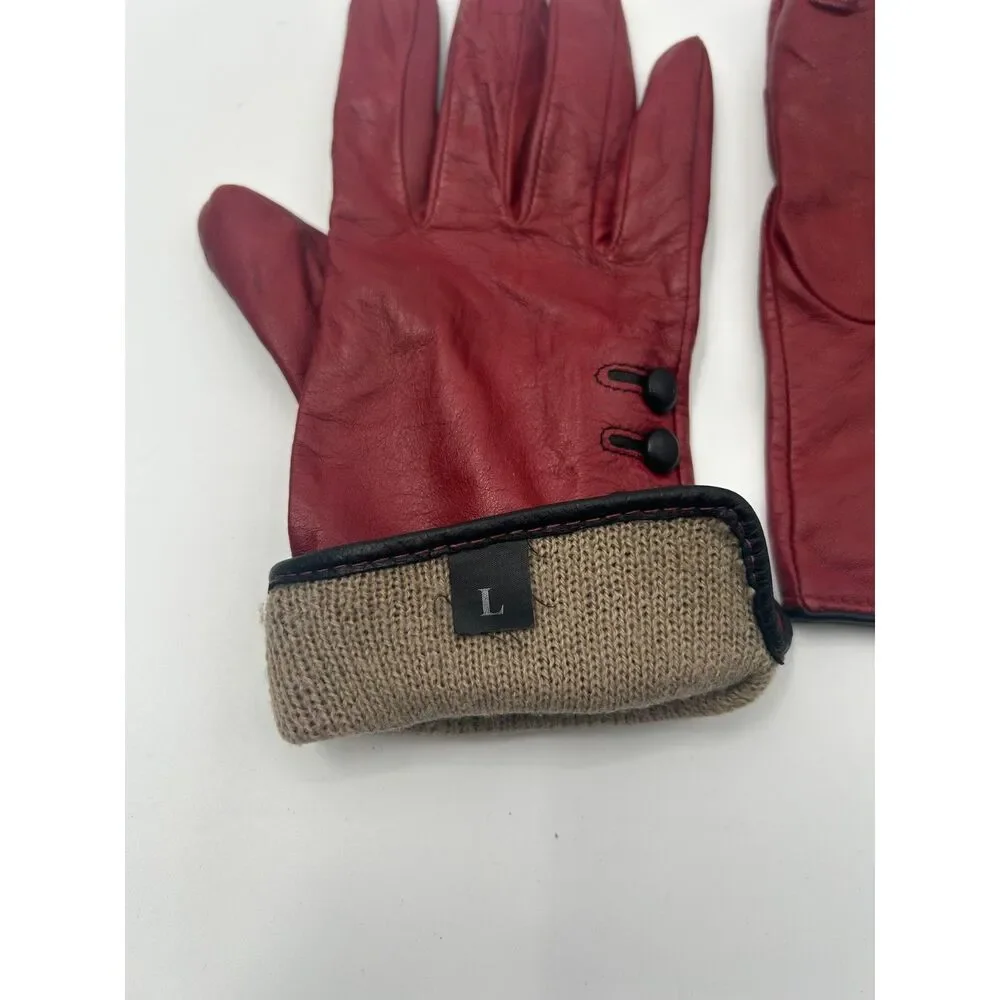 Vintage Steampunk Red Leather Cashemer Button Cuff Gauntlet Gloves Size L